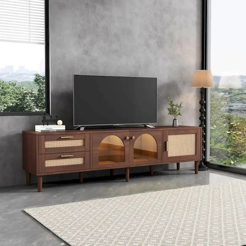 Meuble TV avec 3 Armoires et 2 Tiroirs, Table Console Média pour TV jusqu'à 80 pouces, Meuble TV avec Éclairage LED, Meuble TV