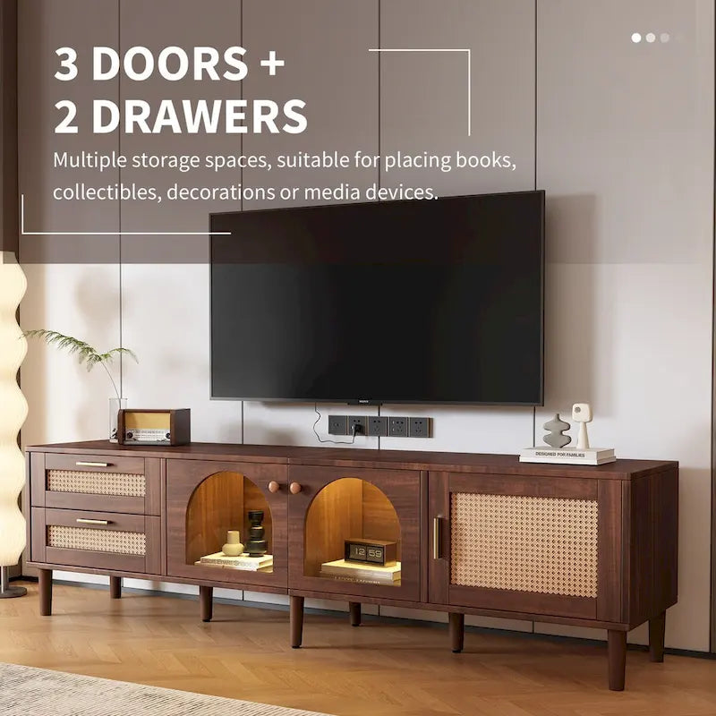 Meuble TV avec 3 Armoires et 2 Tiroirs, Table Console Média pour TV jusqu'à 80 pouces, Meuble TV avec Éclairage LED, Meuble TV