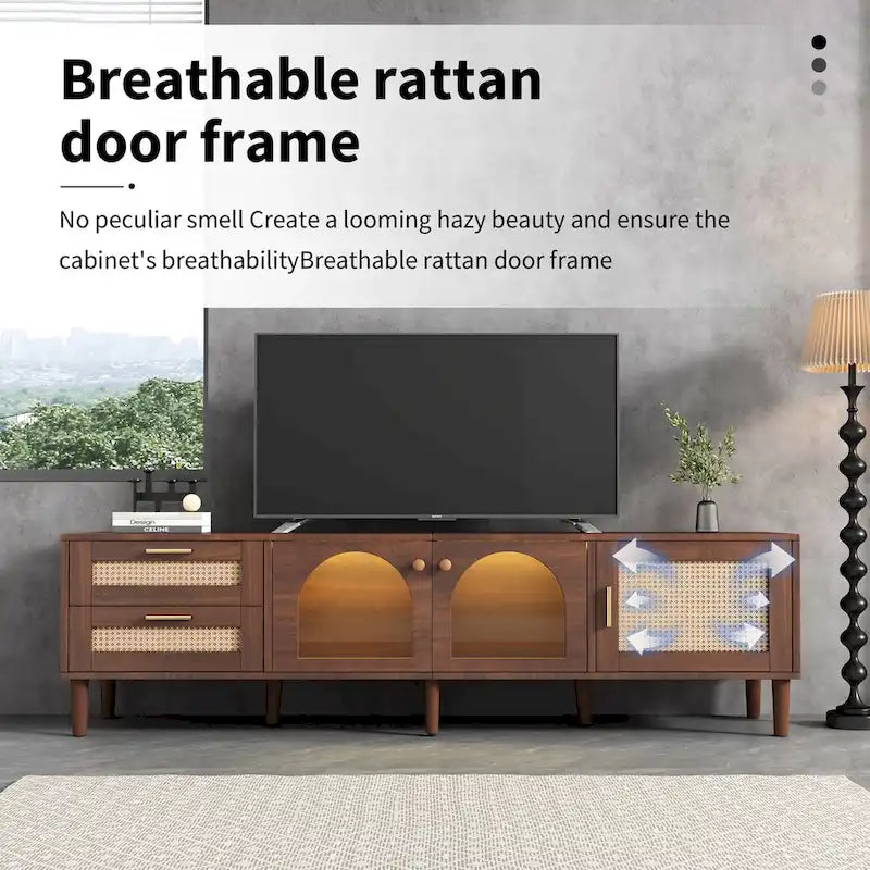 Meuble TV avec 3 Armoires et 2 Tiroirs, Table Console Média pour TV jusqu'à 80 pouces, Meuble TV avec Éclairage LED, Meuble TV