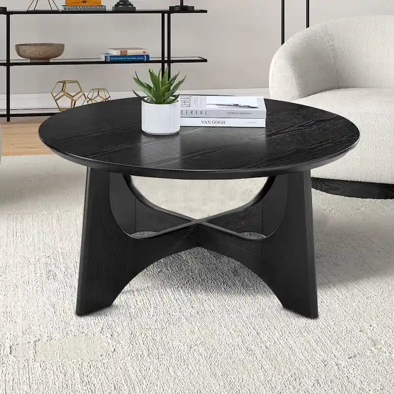 Table basse ronde en bois élégante contemporaine avec pieds croisés accrocheurs