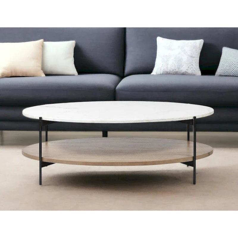 HomeRoots Table basse ovale de 48 po en marbre véritable marron et noir et métal avec étagère - 30