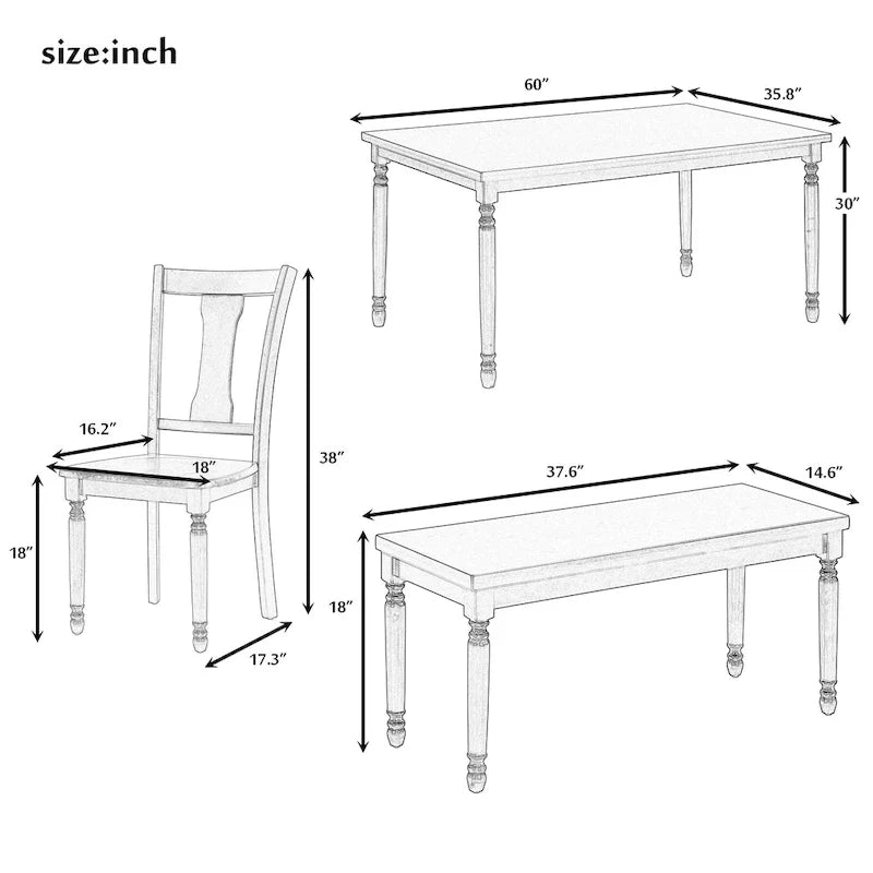 Ensemble de salle à manger classique 6 pièces, table en bois et 4 chaises avec banc