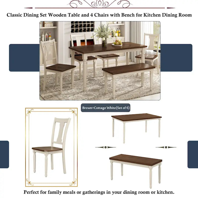 Ensemble de salle à manger classique 6 pièces, table en bois et 4 chaises avec banc
