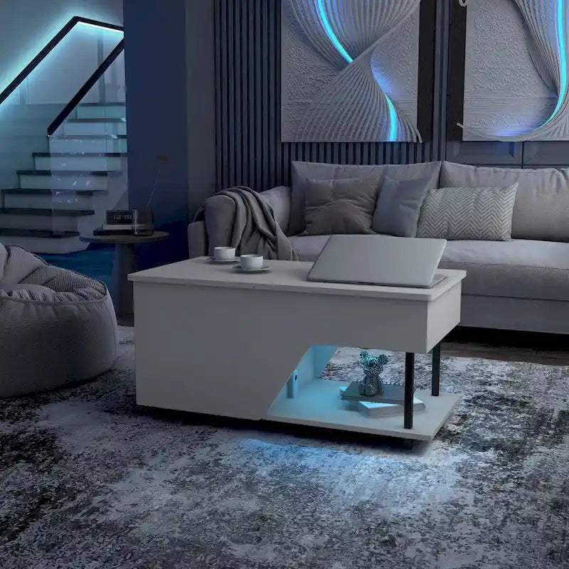 Table basse à plateau relevable moderne DH BASIC de 37 pouces avec éclairage LED 16 couleurs et étagère réglable