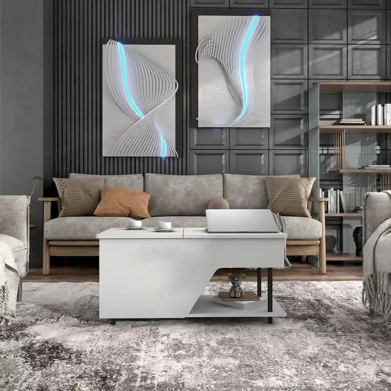 Table basse à plateau relevable moderne DH BASIC de 37 pouces avec éclairage LED 16 couleurs et étagère réglable