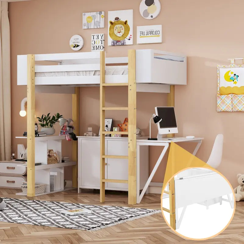 Lit mezzanine en bois avec armoire de rangement intégrée, cubes et bureau pliable