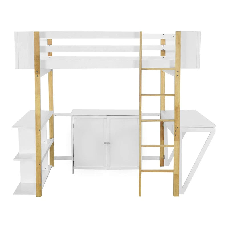 Lit mezzanine en bois avec armoire de rangement intégrée, cubes et bureau pliable