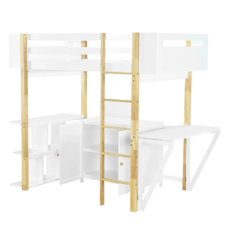 Lit mezzanine en bois avec armoire de rangement intégrée, cubes et bureau pliable