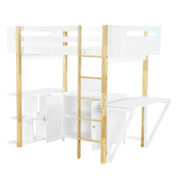 Lit mezzanine en bois avec armoire de rangement intégrée, cubes et bureau pliable