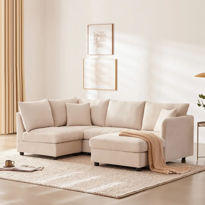Canapé sectionnel moderne en forme de L à rayures verticales, 2 coussins, ottoman, combinaisons variées, beige