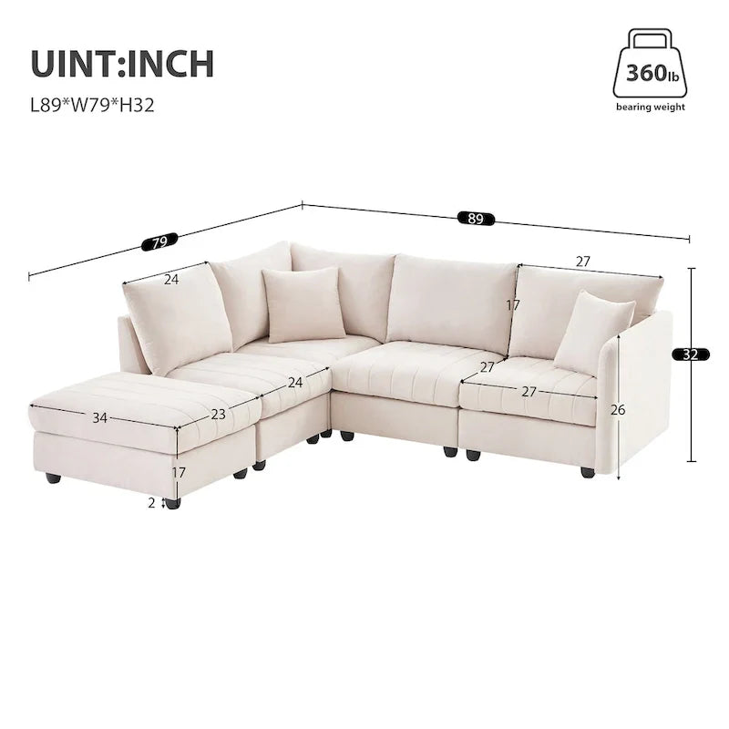 Canapé sectionnel moderne en forme de L à rayures verticales, 2 coussins, ottoman, combinaisons variées, beige