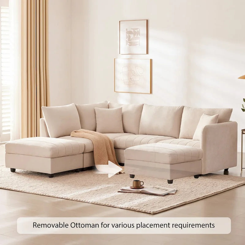 Canapé sectionnel moderne en forme de L à rayures verticales, 2 coussins, ottoman, combinaisons variées, beige