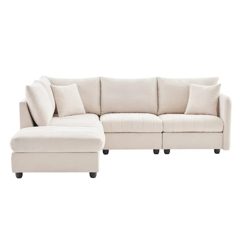 Canapé sectionnel moderne en forme de L à rayures verticales, 2 coussins, ottoman, combinaisons variées, beige