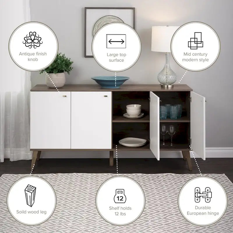 Buffet 4 portes Prepac Milo de style moderne du milieu du siècle - 64 L x 32 H x 16 P
