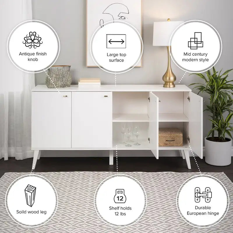 Buffet mid-century moderne Prepac Milo à 4 portes - 64 L x 32 H x 16 P