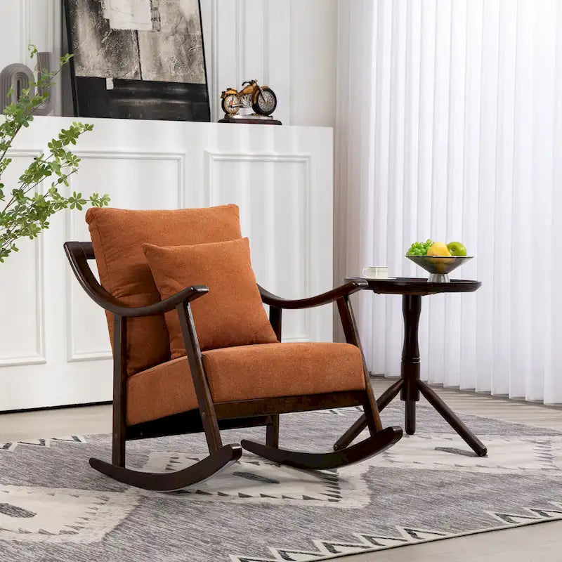 Fauteuil à bascule à accoudoirs en bois massif et lin