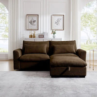 Canapé Sectionnel Confortable en Velours Côtelé avec Coussins et Accoudoirs Ronds, Canapé-Lit en Velours Côtelé Assise Profonde avec Pouf de Rangement