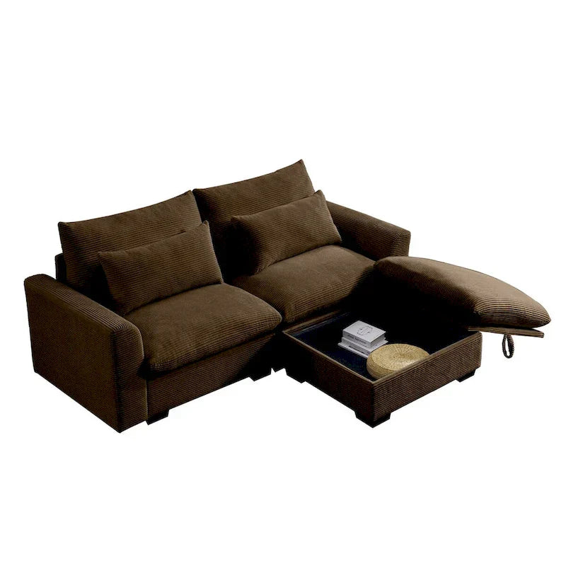 Canapé Sectionnel Confortable en Velours Côtelé avec Coussins et Accoudoirs Ronds, Canapé-Lit en Velours Côtelé Assise Profonde avec Pouf de Rangement