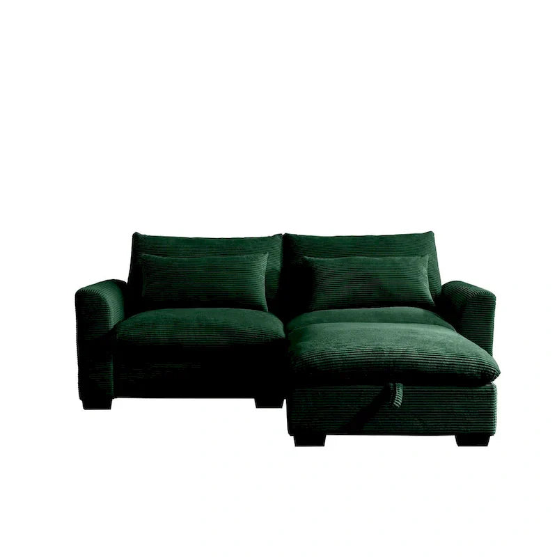 Canapé Sectionnel Confortable en Velours Côtelé avec Coussins et Accoudoirs Ronds, Canapé-Lit en Velours Côtelé Assise Profonde avec Pouf de Rangement