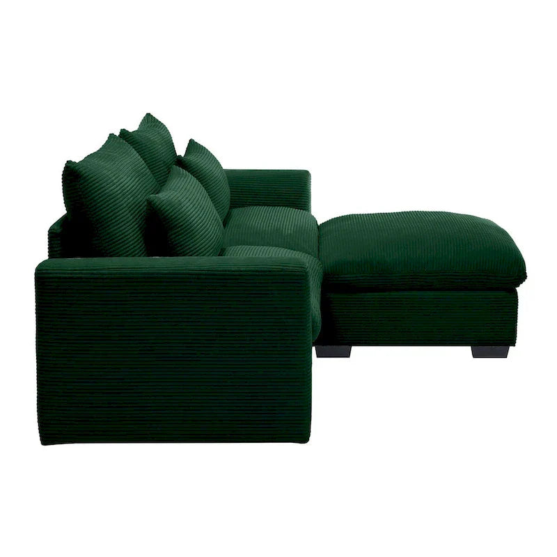 Canapé Sectionnel Confortable en Velours Côtelé avec Coussins et Accoudoirs Ronds, Canapé-Lit en Velours Côtelé Assise Profonde avec Pouf de Rangement