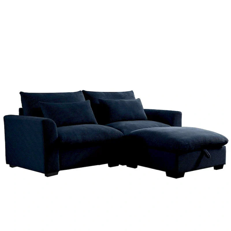 Canapé Sectionnel Confortable en Velours Côtelé avec Coussins et Accoudoirs Ronds, Canapé-Lit en Velours Côtelé Assise Profonde avec Pouf de Rangement