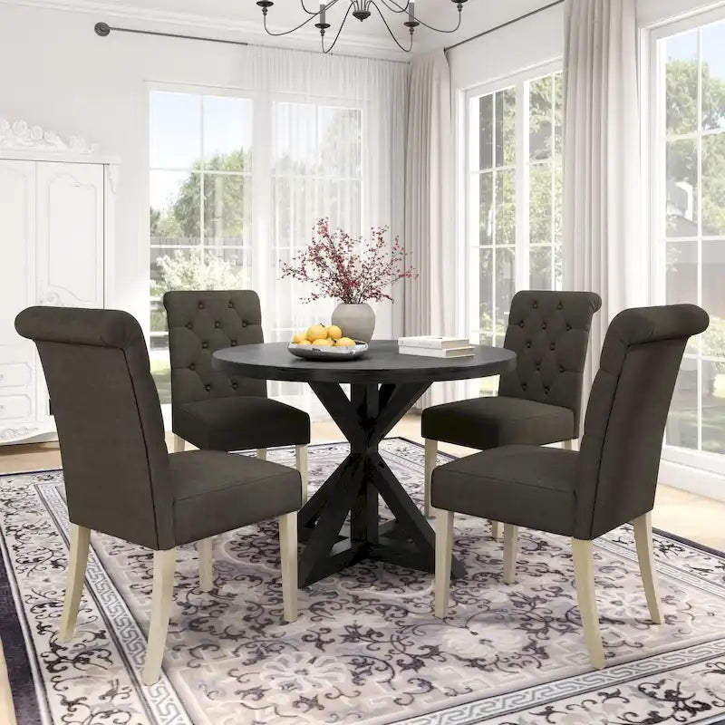 Ensemble de salle à manger rond 5 pièces Roundhill Furniture Banff, table ronde à traverse croisée avec 4 chaises capitonnées