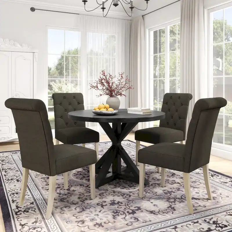 Ensemble de salle à manger rond 5 pièces Roundhill Furniture Banff, table ronde à traverse croisée avec 4 chaises capitonnées