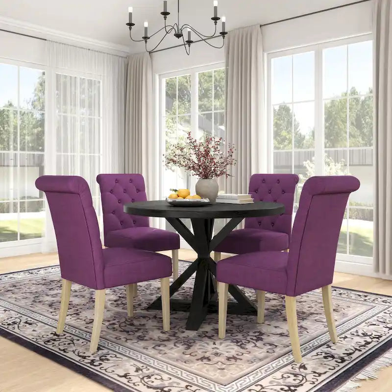 Ensemble de salle à manger rond 5 pièces Roundhill Furniture Banff, table ronde à traverse croisée avec 4 chaises capitonnées