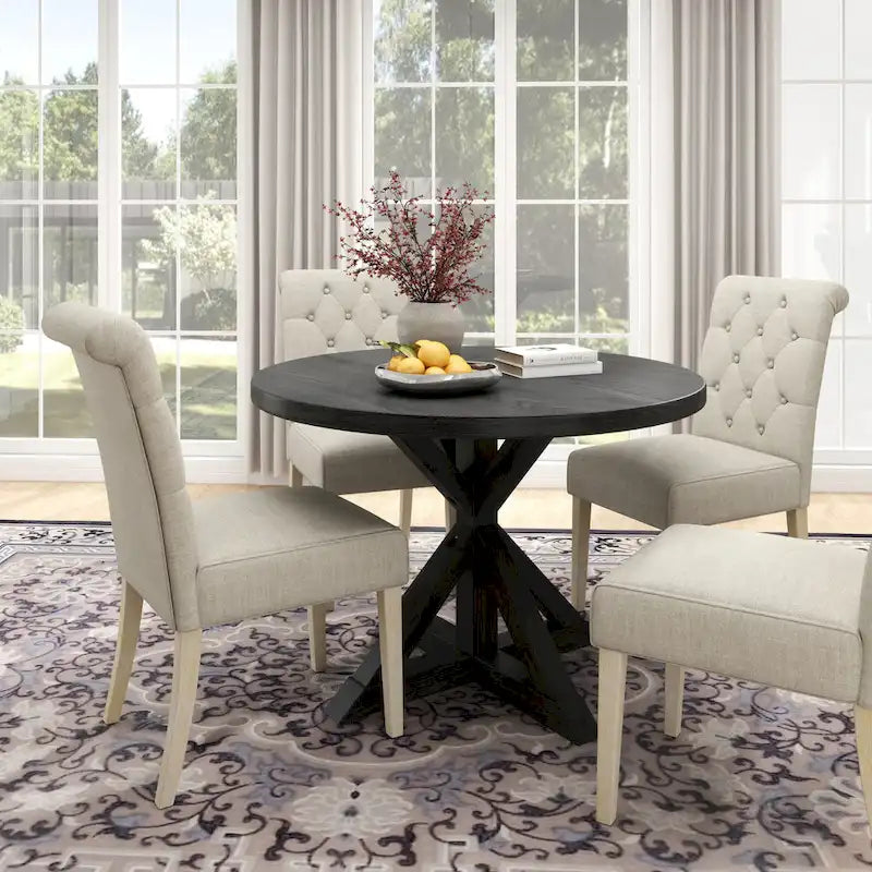 Ensemble de salle à manger rond 5 pièces Roundhill Furniture Banff, table ronde à traverse croisée avec 4 chaises capitonnées