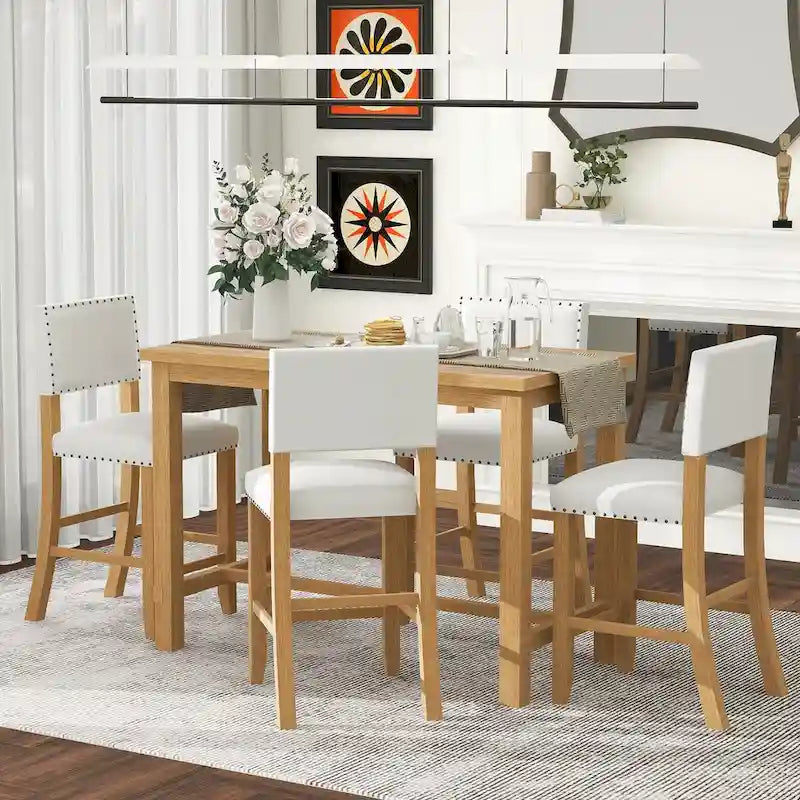 Ensemble de salle à manger hauteur comptoir 5 pièces, table élégante classique et 4 chaises en bois naturel délavé