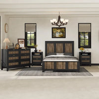 Ensembles de chambre 4 pièces, lit plateforme style ferme taille Full avec décoration en lattes de bois, table de chevet de rangement et commode