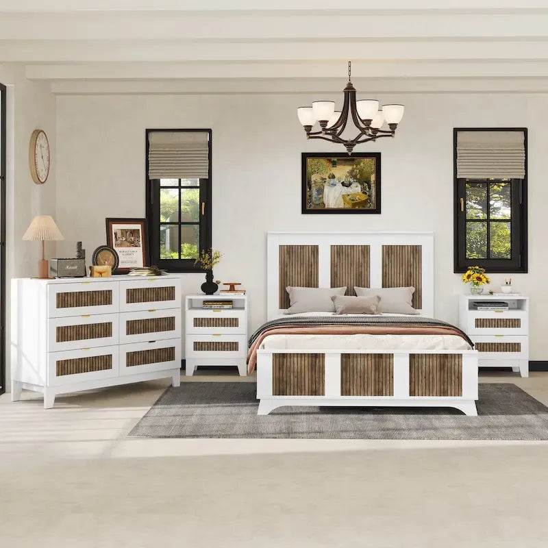 Ensembles de chambre 4 pièces, lit plateforme style ferme taille Full avec décoration en lattes de bois, table de chevet de rangement et commode
