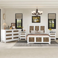 Ensembles de chambre 4 pièces, lit plateforme style ferme taille Full avec décoration en lattes de bois, table de chevet de rangement et commode