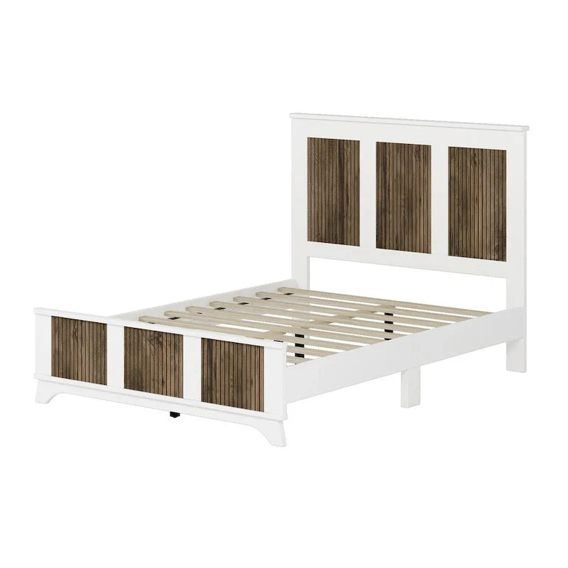 Ensembles de chambre 4 pièces, lit plateforme style ferme taille Full avec décoration en lattes de bois, table de chevet de rangement et commode