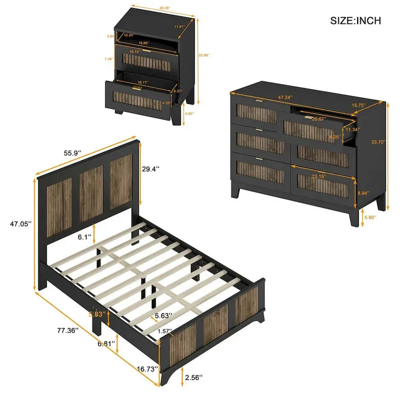Ensembles de chambre 4 pièces, lit plateforme style ferme taille Full avec décoration en lattes de bois, table de chevet de rangement et commode