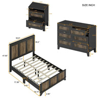 Ensembles de chambre 4 pièces, lit plateforme style ferme taille Full avec décoration en lattes de bois, table de chevet de rangement et commode