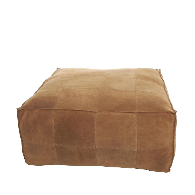 Pouf carré bas en cuir avec motifs patchwork - Marron, Gris ou Marron foncé - Roche River Decor