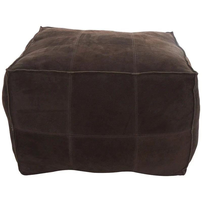 Pouf carré bas en cuir avec motifs patchwork - Marron, Gris ou Marron foncé - Roche River Decor