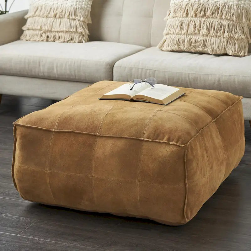 Pouf carré bas en cuir avec motifs patchwork - Marron, Gris ou Marron foncé - Roche River Decor