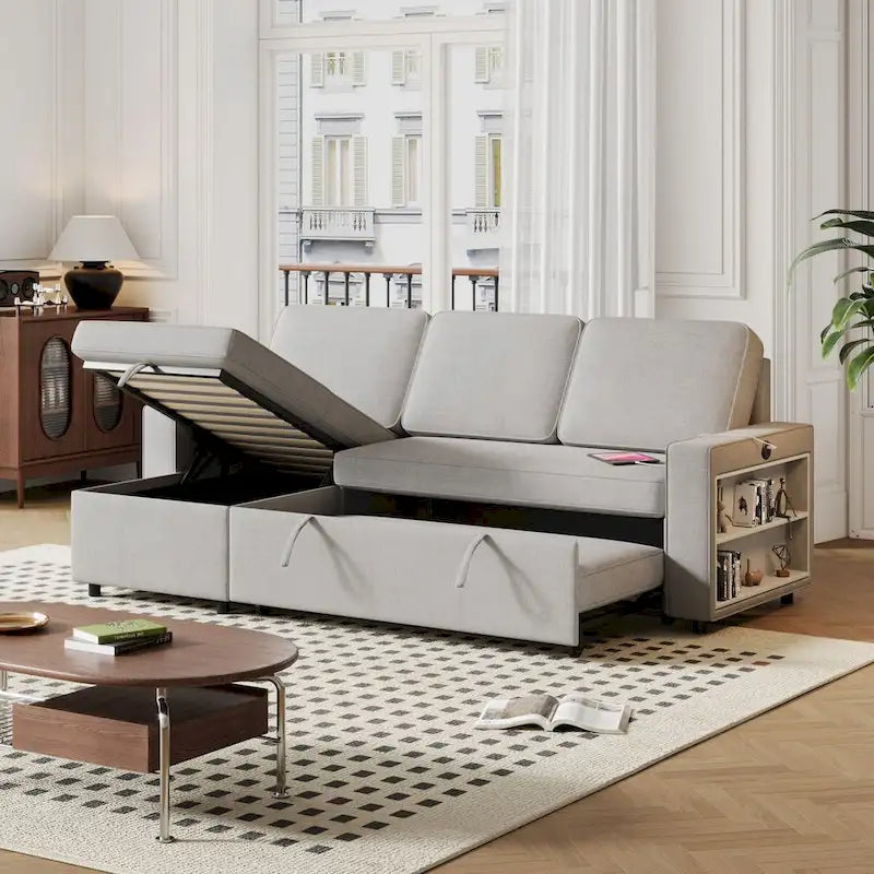 Canapé-Lit Escamotable Oaks Aura 85.8 pouces, Canapé Forme L avec Port USB, Canapé Convertible avec Étagères de Rangement