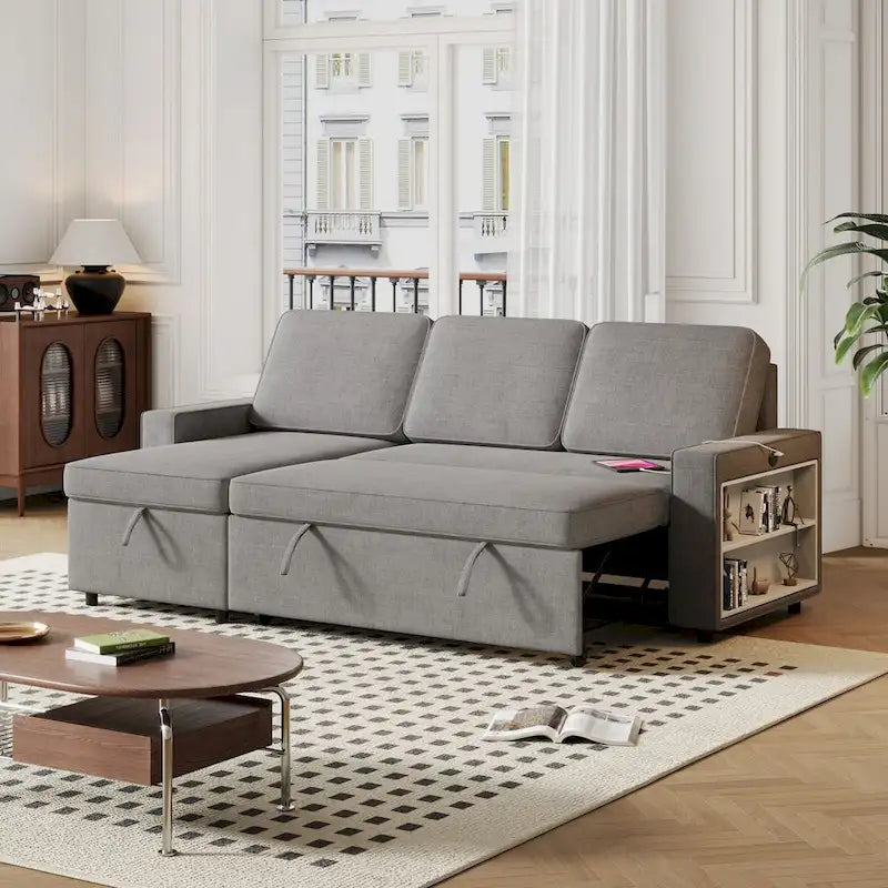 Canapé-Lit Escamotable Oaks Aura 85.8 pouces, Canapé Forme L avec Port USB, Canapé Convertible avec Étagères de Rangement