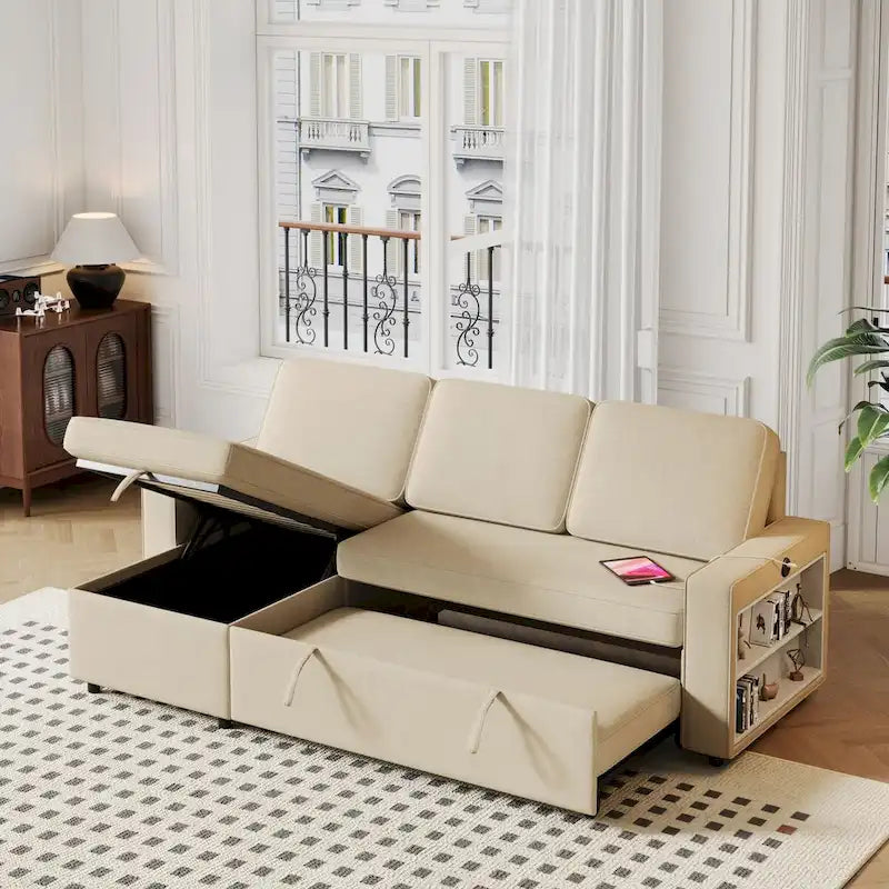 Canapé-Lit Escamotable Oaks Aura 85.8 pouces, Canapé Forme L avec Port USB, Canapé Convertible avec Étagères de Rangement