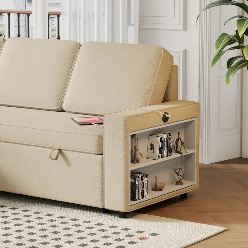 Canapé-Lit Escamotable Oaks Aura 85.8 pouces, Canapé Forme L avec Port USB, Canapé Convertible avec Étagères de Rangement