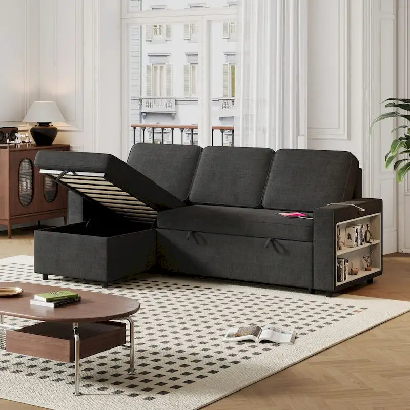 Canapé-Lit Escamotable Oaks Aura 85.8 pouces, Canapé Forme L avec Port USB, Canapé Convertible avec Étagères de Rangement