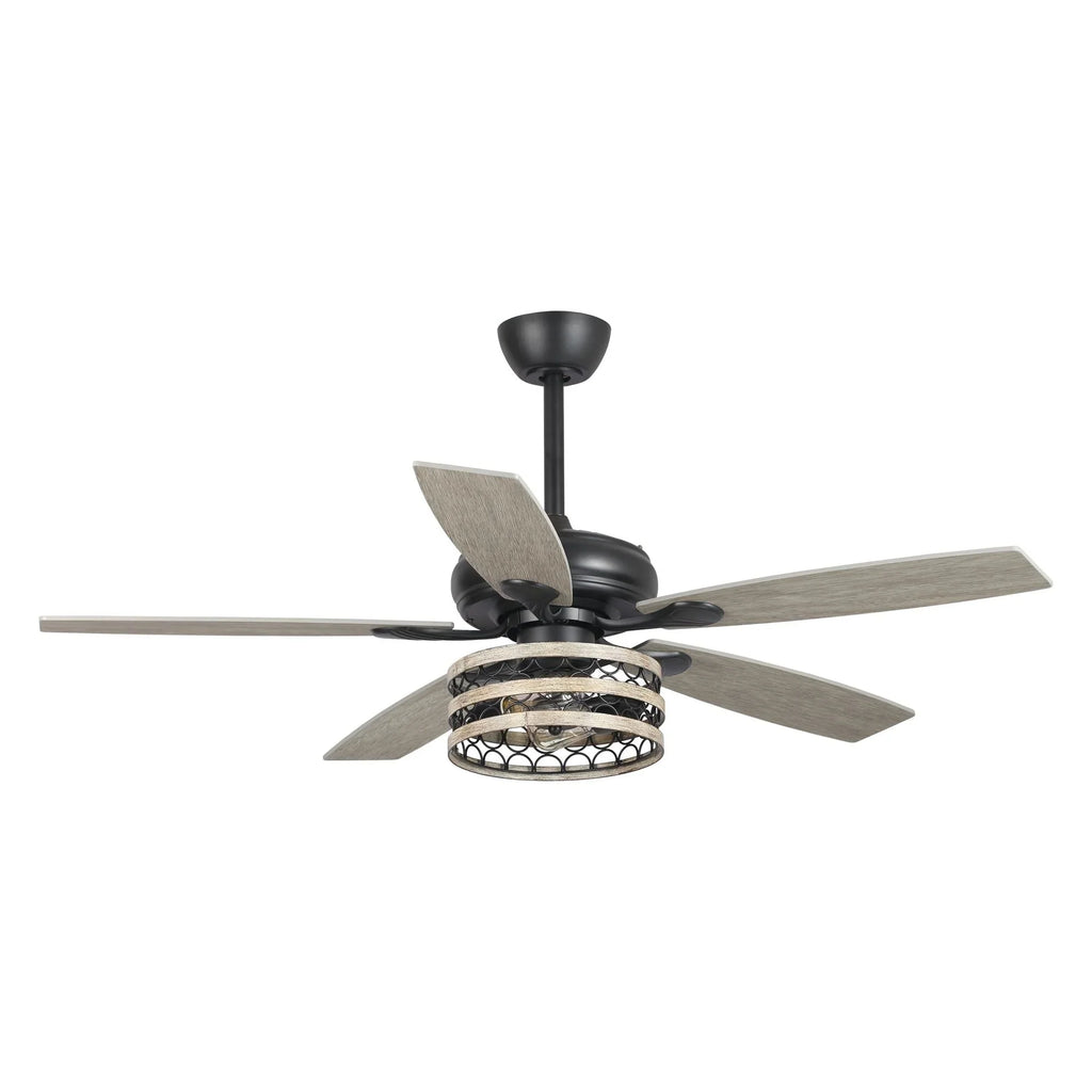 Ventilateur de plafond cage noir 52 style ferme bois flotté 5 pales avec télécommande