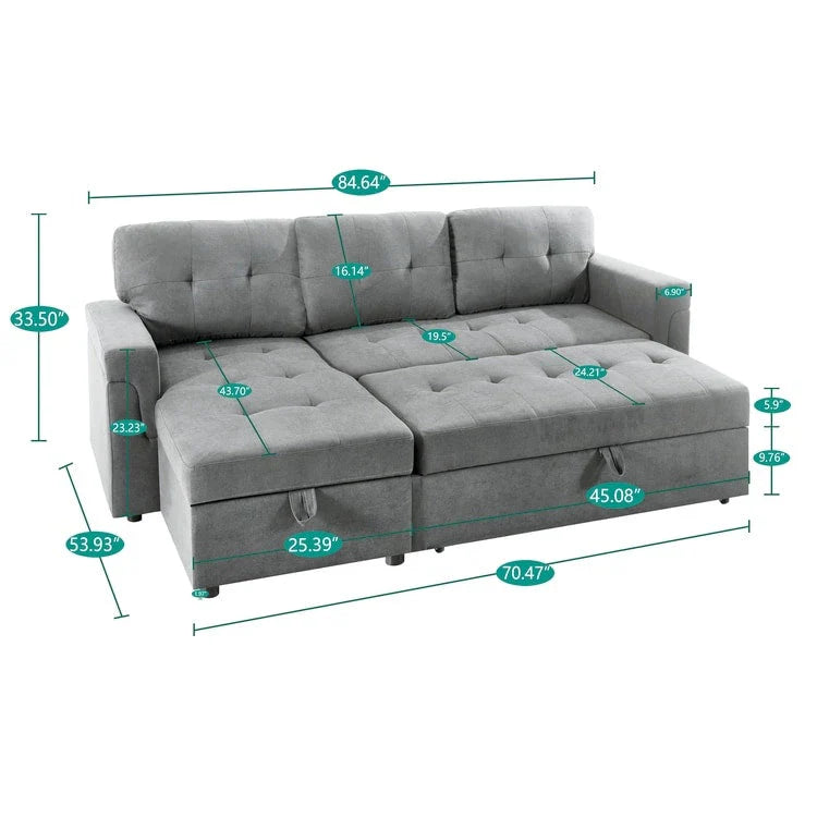 Canapé sectionnel convertible réversible avec lit escamotable, méridienne de rangement dissimulée et pieds durables