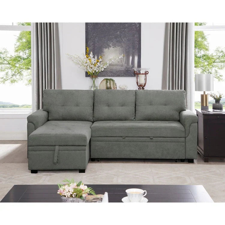 Canapé sectionnel réversible avec lit escamotable, méridienne de rangement dissimulée, pieds durables,