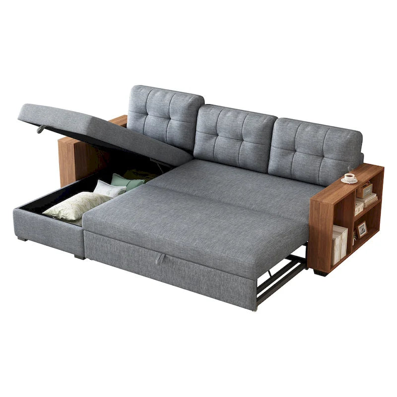 Canapé d'angle convertible avec lit escamotable et méridienne avec rangement caché