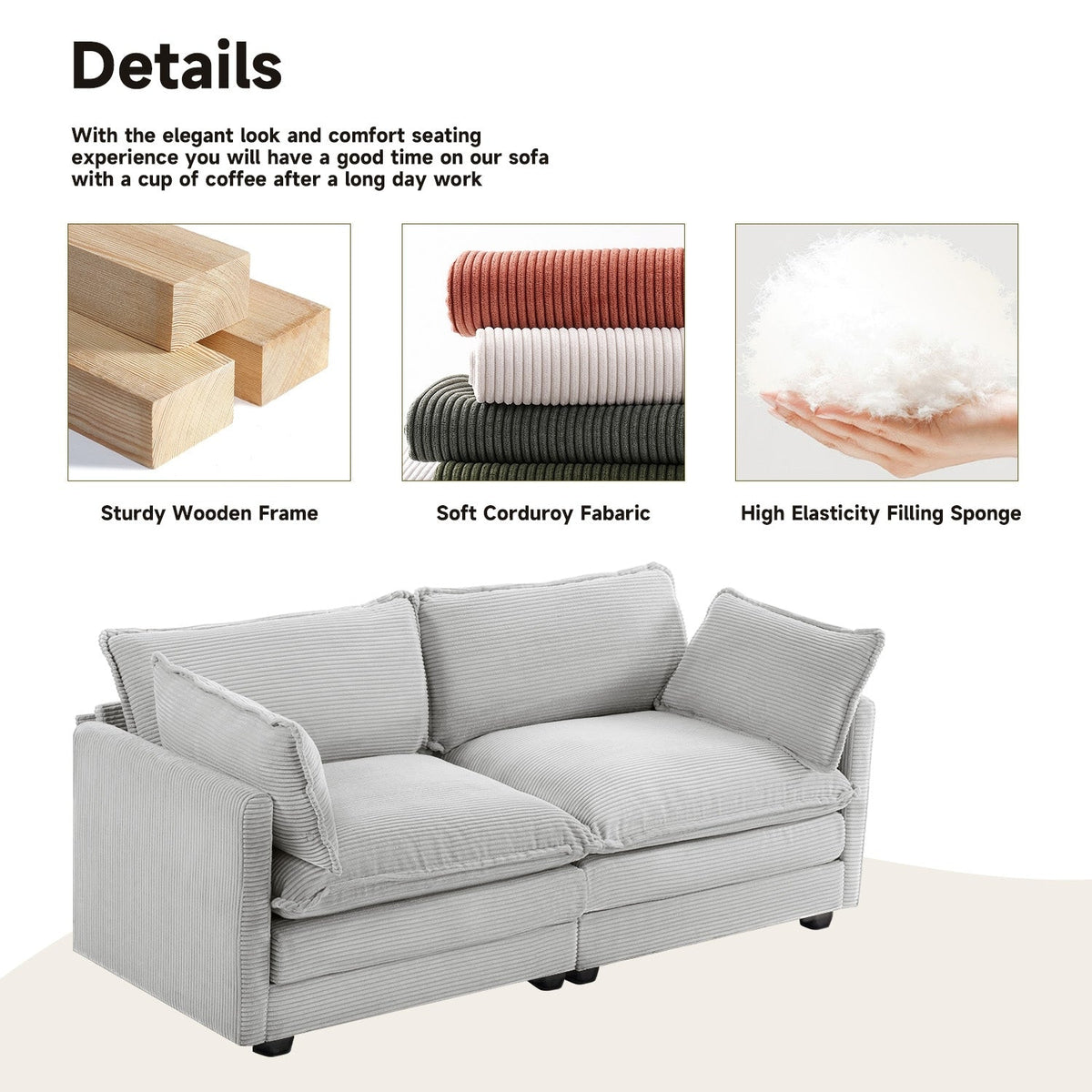 Canapé sectionnel en velours côtelé avec ottomans amovibles & coussins ultra-doux pour salon & chambre