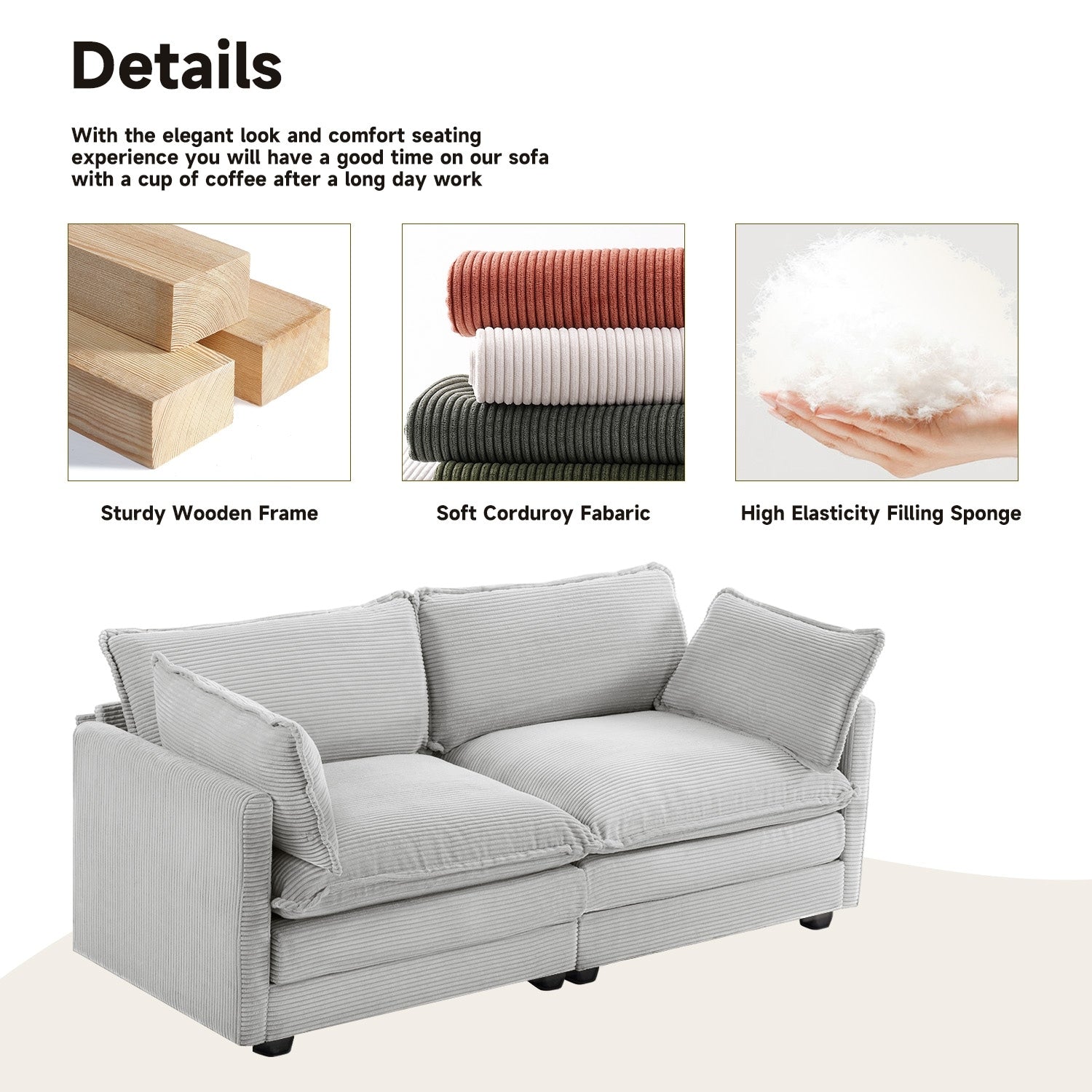 Canapé sectionnel en velours côtelé avec ottomans amovibles & coussins ultra-doux pour salon & chambre